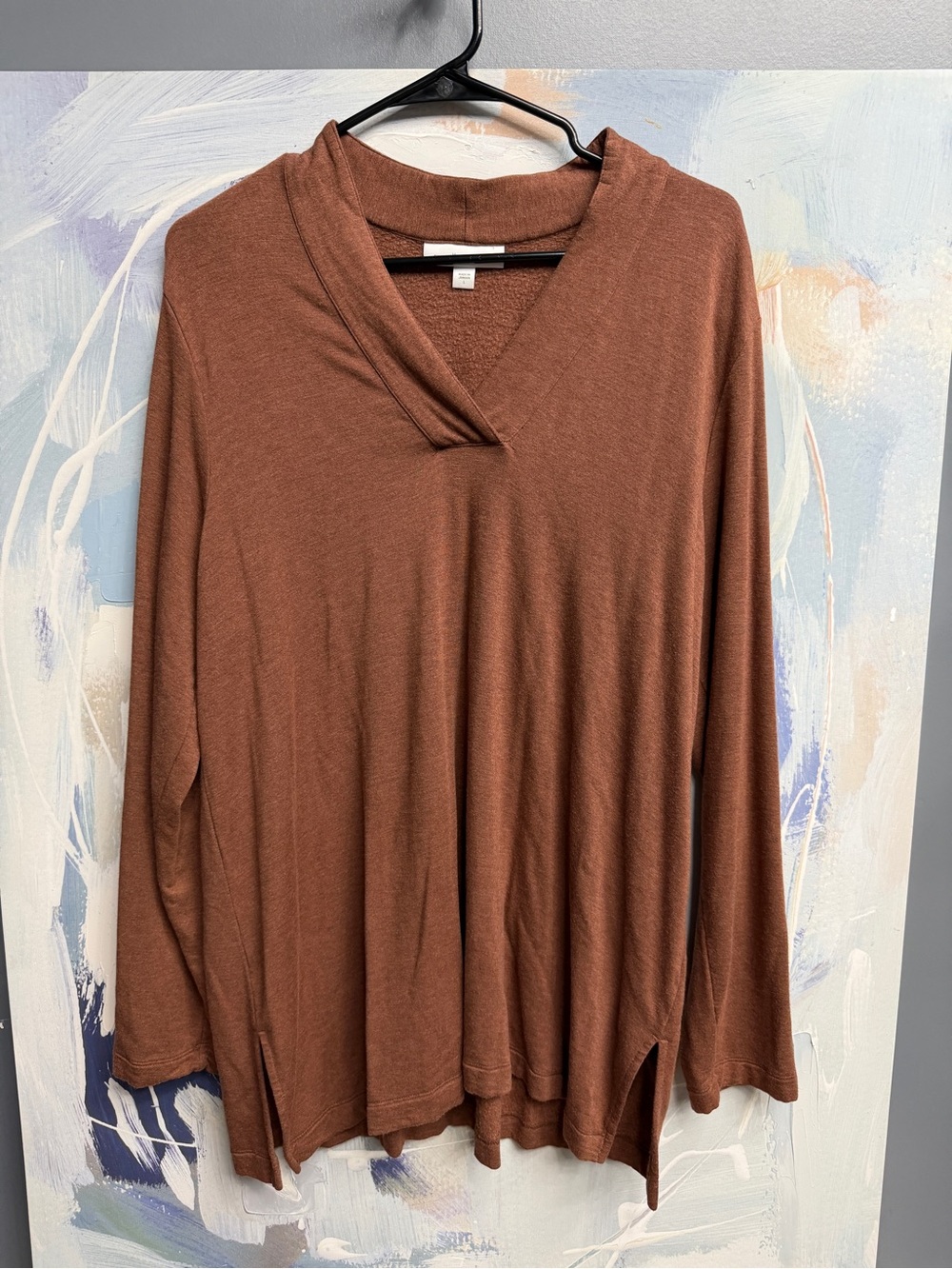 Pure Jill J Jill Tranquility Fleece Brown V Neck Tunic Top Long Sleeve L